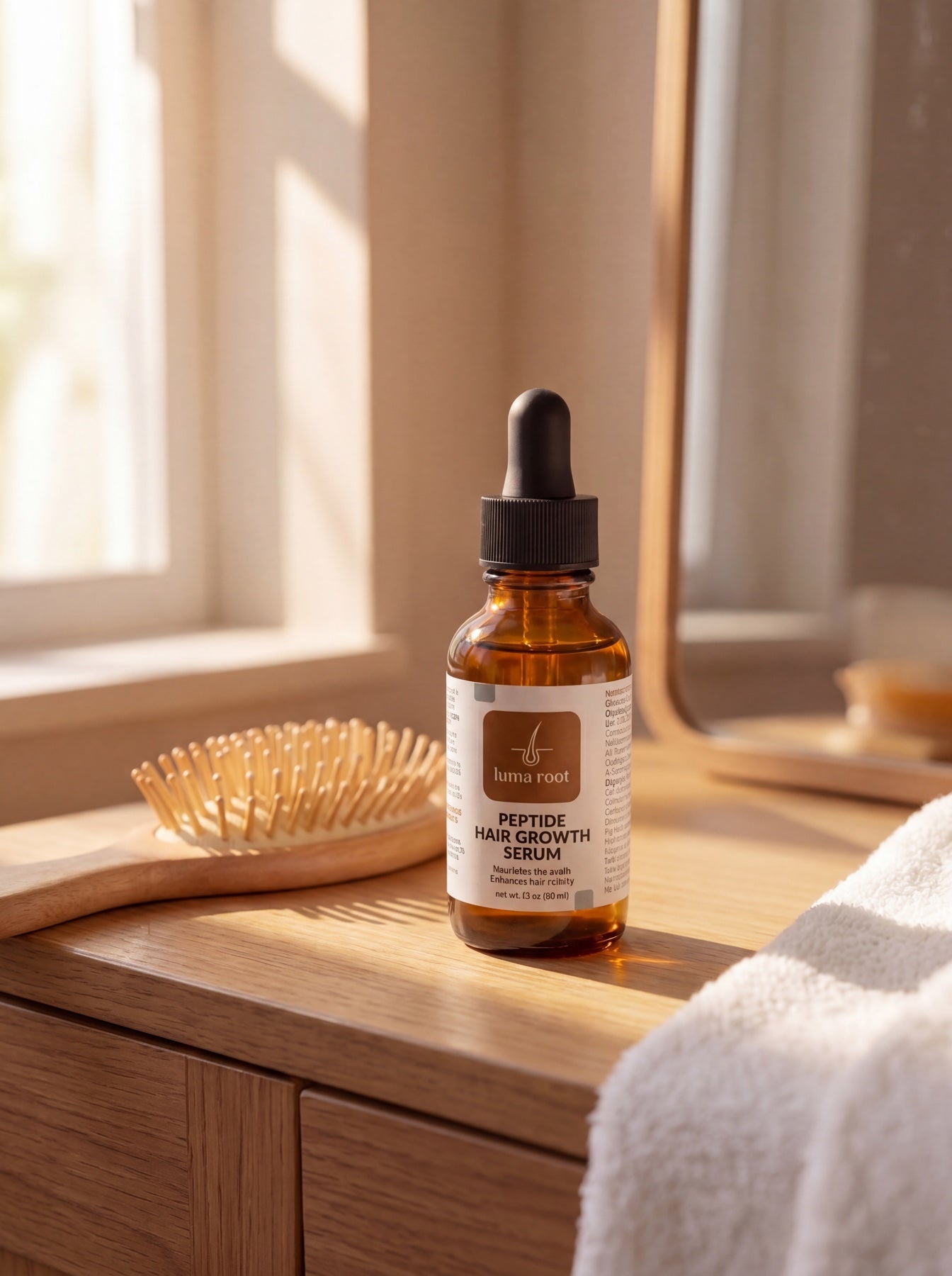 Luma Root Scalp + Growth Serum — bottle on dresser